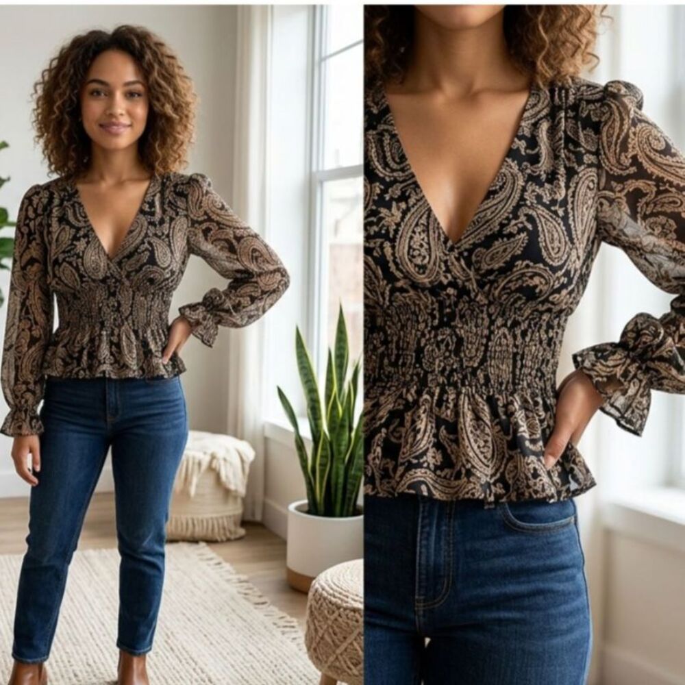 Daniel Rainn Paisley Smocked Peplum Blouse Boho Chic Paisley Blouse Whimsigoth